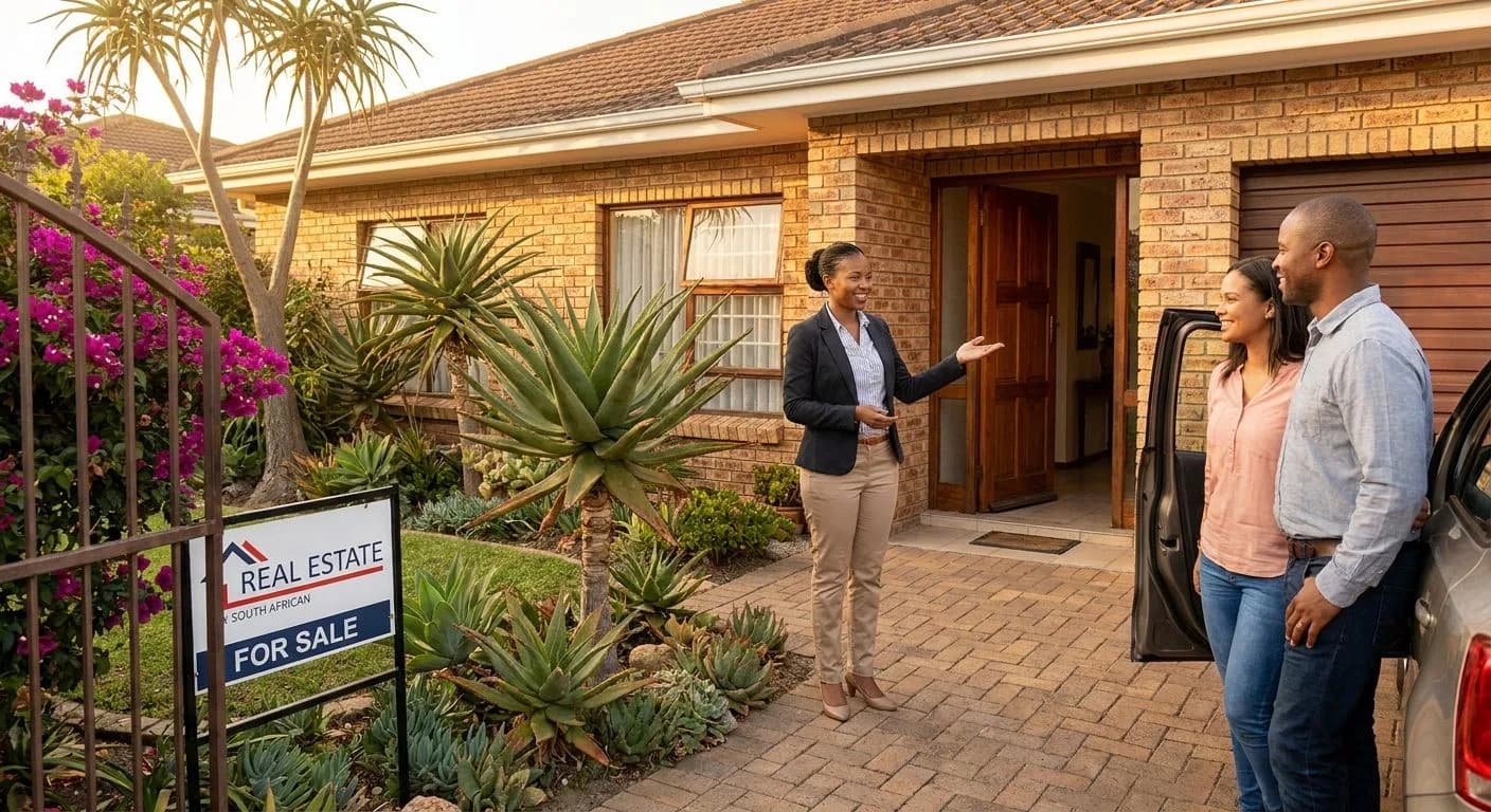 A South African estate agent greeting buyers at a well-presented show house at golden hour, neat facebrick exterior with bougainvillea and indigenous garden
