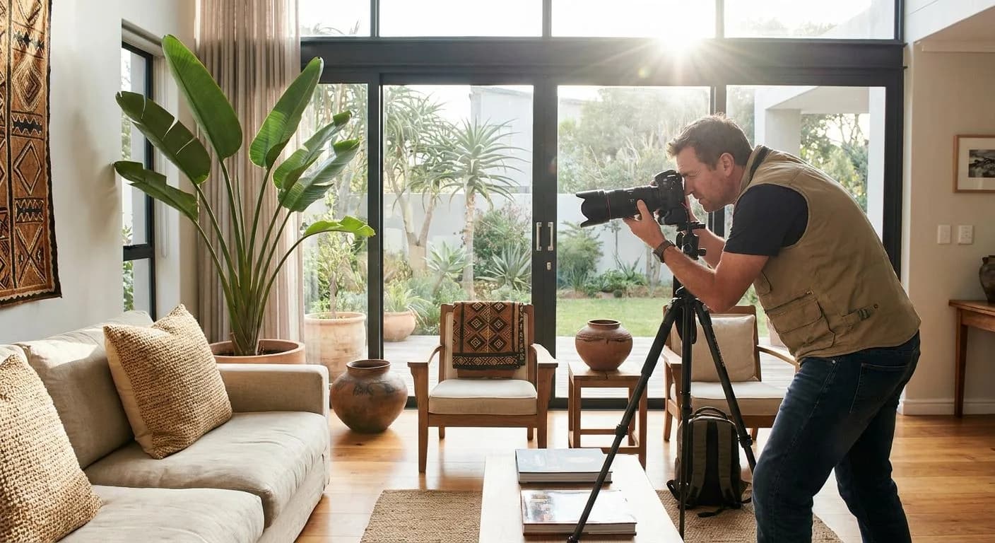 A professional photographer photographing a beautifully staged South African home interior with large windows and polished wooden floors