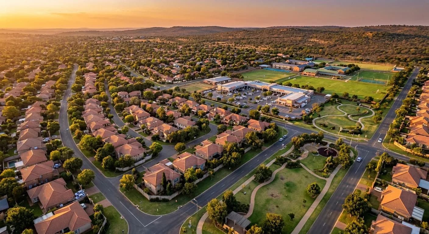 Aerial view of a well-located South African suburb at golden hour, leafy tree-lined streets, terracotta rooftiles, warm amber sky and bushveld on the horizon