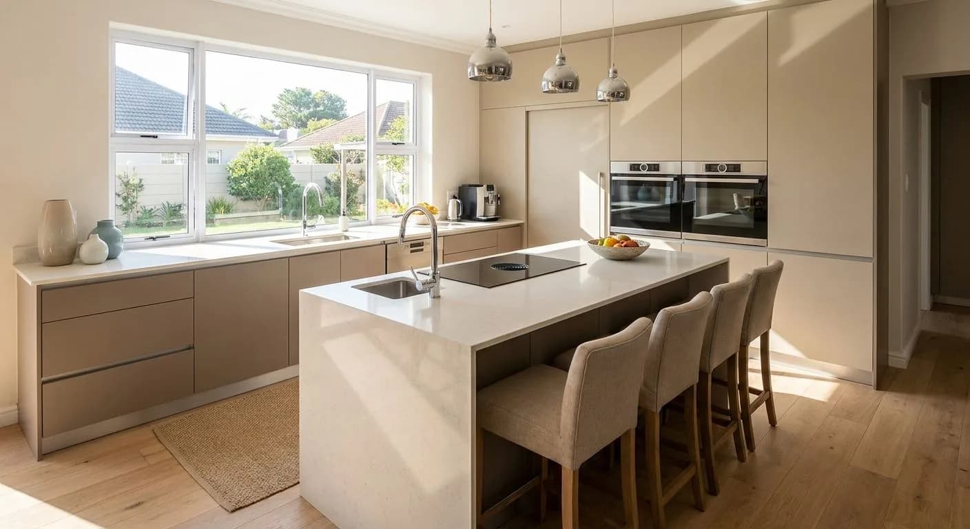 A newly renovated South African kitchen with modern stone countertops, quality fixtures, natural light from a large window, clean contemporary finishes