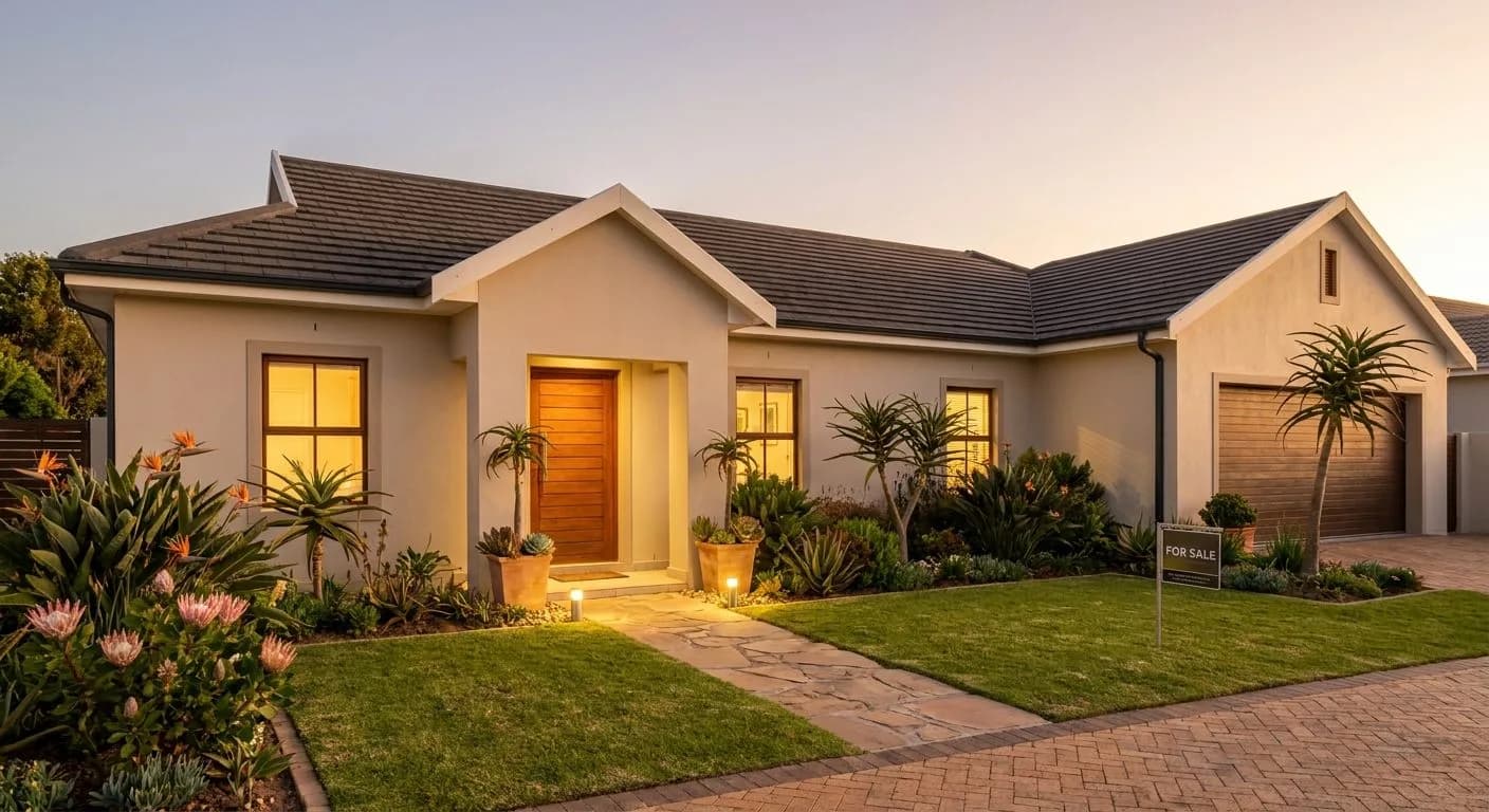 A beautifully presented South African home exterior at golden hour, freshly painted walls, manicured garden with indigenous plants, tidy driveway and welcoming entrance staged for sale