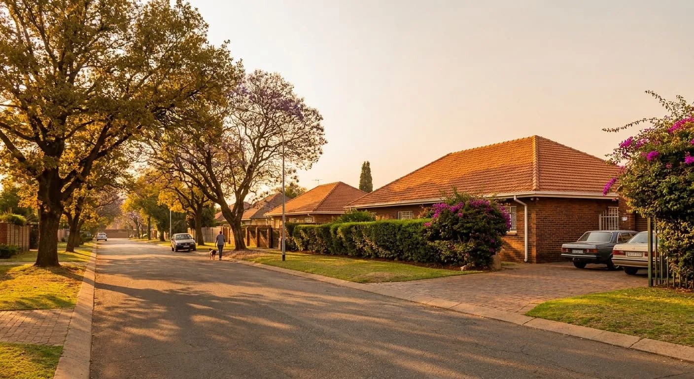A quiet established East Rand suburb street at golden hour, mature trees lining the road, neat facebrick homes with well-tended gardens, warm amber light on terracotta rooftiles