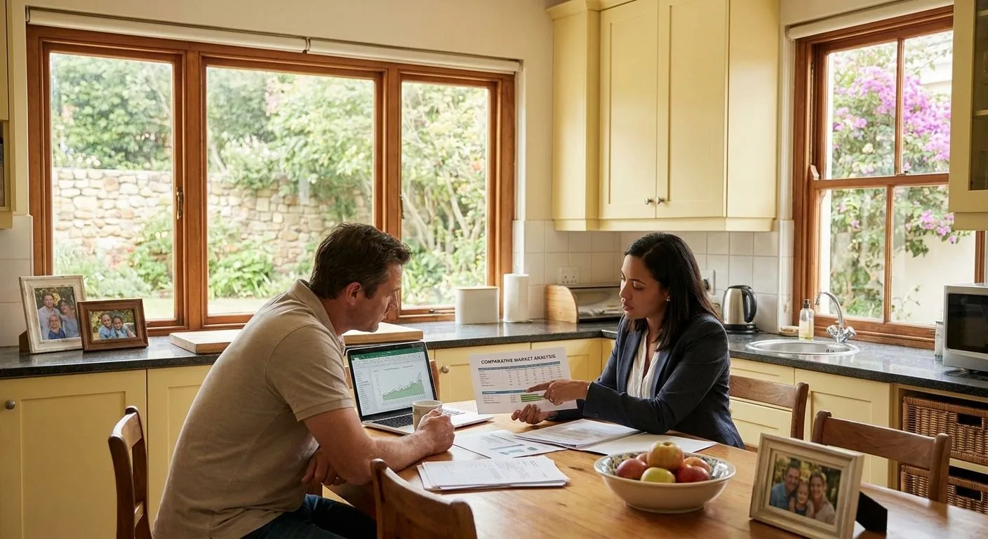 A South African home seller and estate agent reviewing a comparative market analysis at a kitchen table, warm domestic interior, suburban garden visible through large windows
