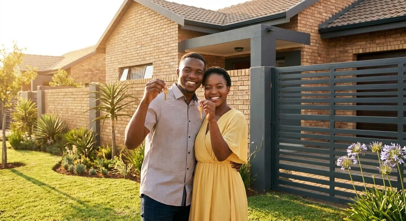 A young South African couple at the gate of their new suburban home, smiling and holding house keys, neat facebrick exterior with a manicured garden, golden afternoon light