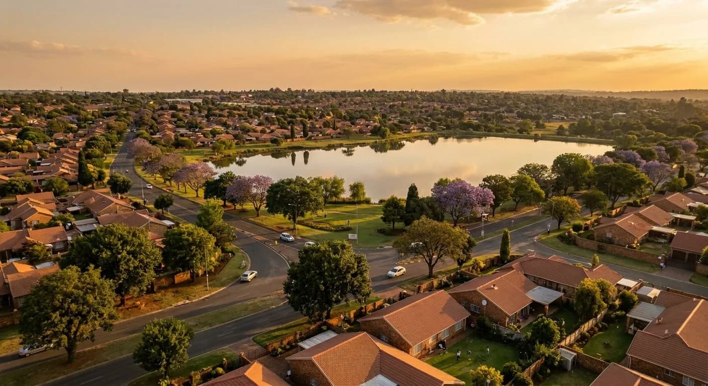 Aerial view of an established East Rand suburb near Benoni at golden hour, mature tree-lined streets, facebrick homes with tiled roofs, a lake visible, warm amber sky