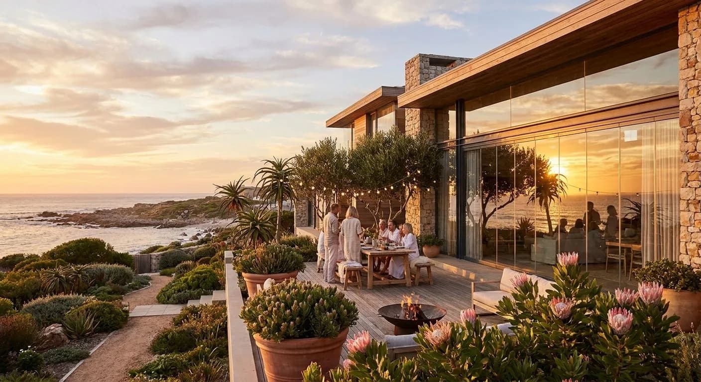 A South African coastal property at golden hour with the Indian Ocean visible in the background, palm trees and fynbos in the garden, warm festive summer atmosphere