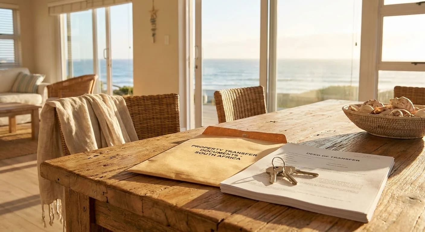 Property transfer documents and house keys on a wooden table at a South African beach house, Indian Ocean visible through large glass doors, warm golden afternoon light