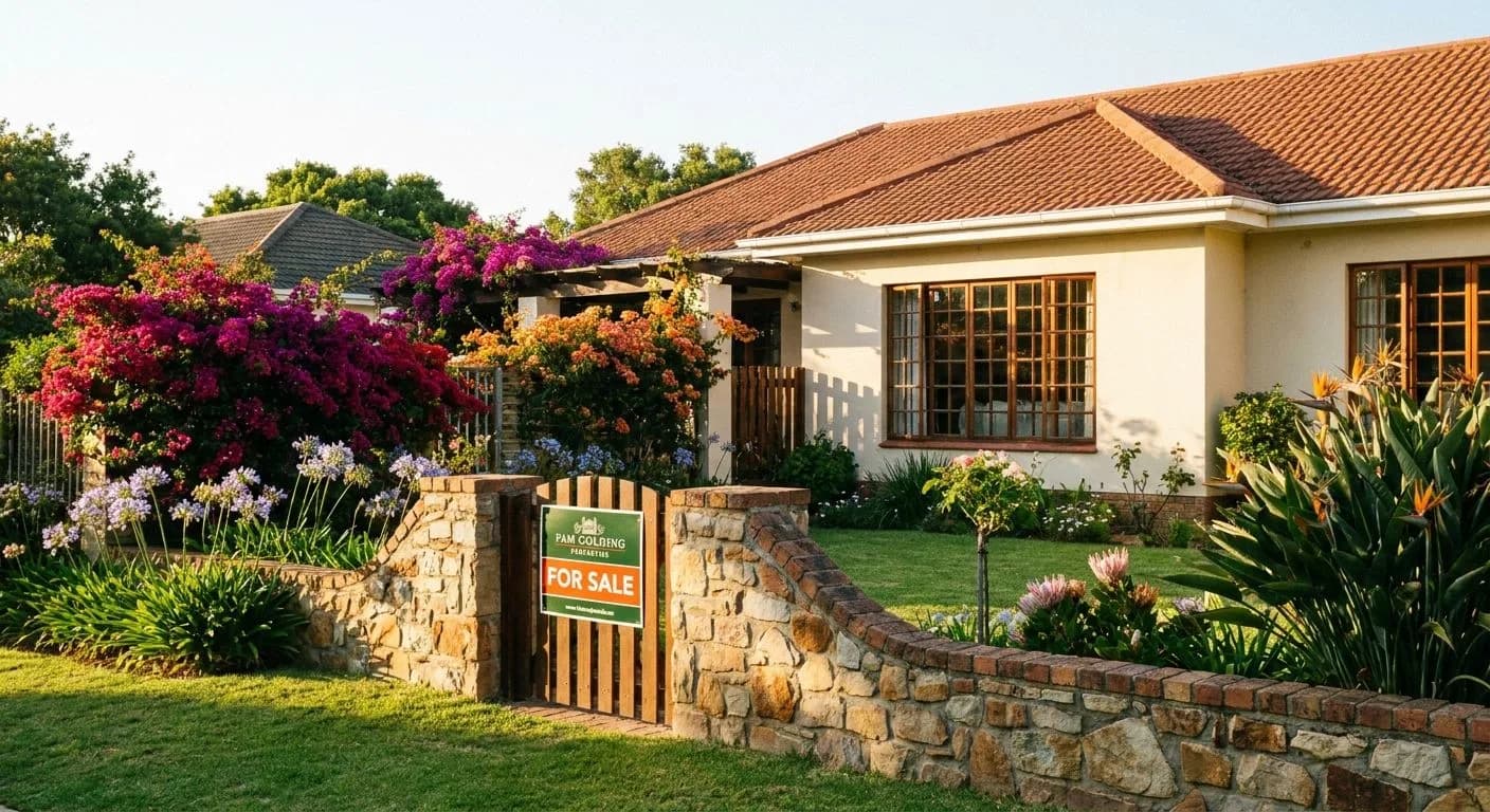 A South African home with a for-sale sign at the garden gate in full summer bloom, bougainvillea flowering, golden afternoon light, neat suburban garden