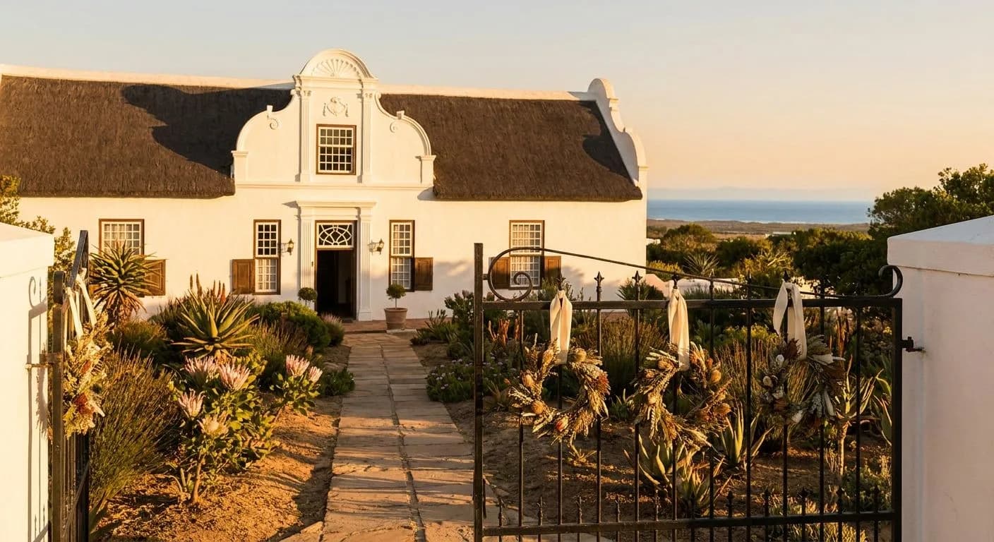 A Cape Dutch gabled home beautifully presented at golden hour with subtle festive decorations, manicured fynbos garden and warm South African summer light