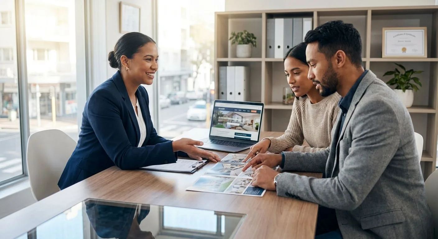 A South African estate agent discussing property options with a couple at an office desk, property brochures and a laptop between them
