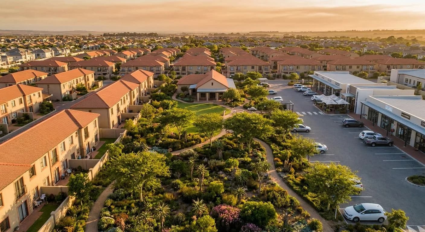 Aerial view of a South African sectional title townhouse complex at golden hour, terracotta rooftiles and indigenous garden, adjacent commercial strip visible