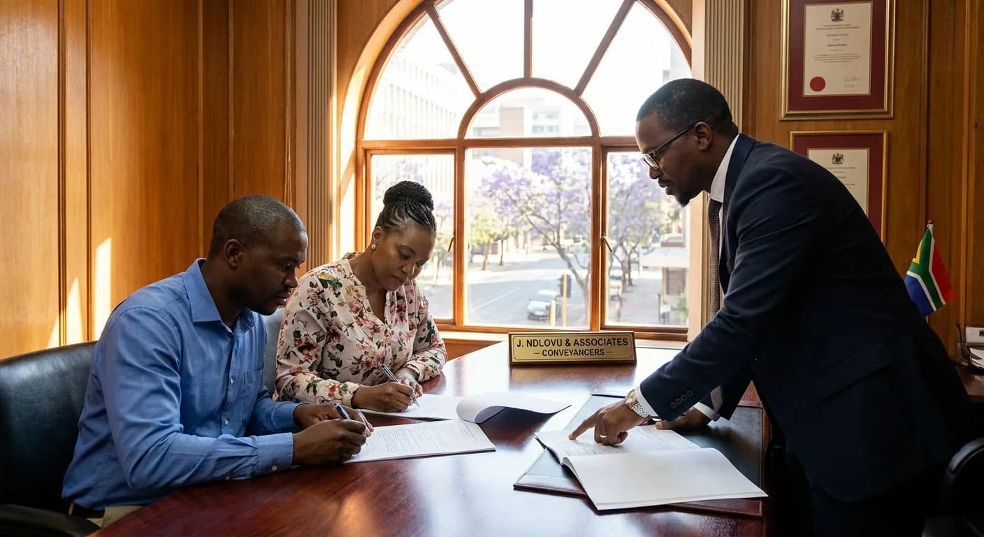 A South African couple signing property transfer documents at a conveyancer's office, attorney present, warm natural light through large windows