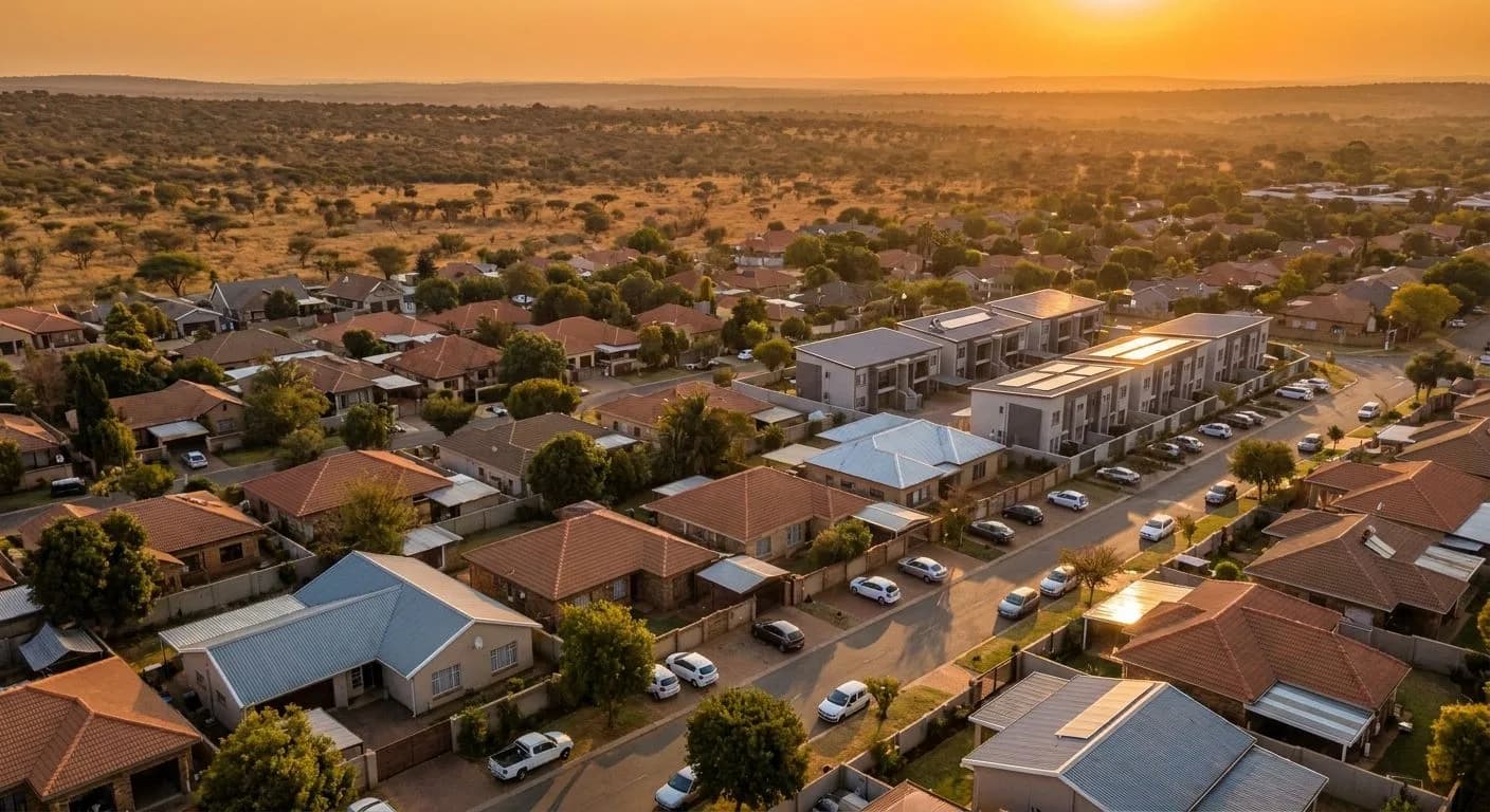 Aerial view of a mixed South African suburb at golden hour showing freehold homes, a townhouse complex and tree-lined streets with bushveld on the horizon