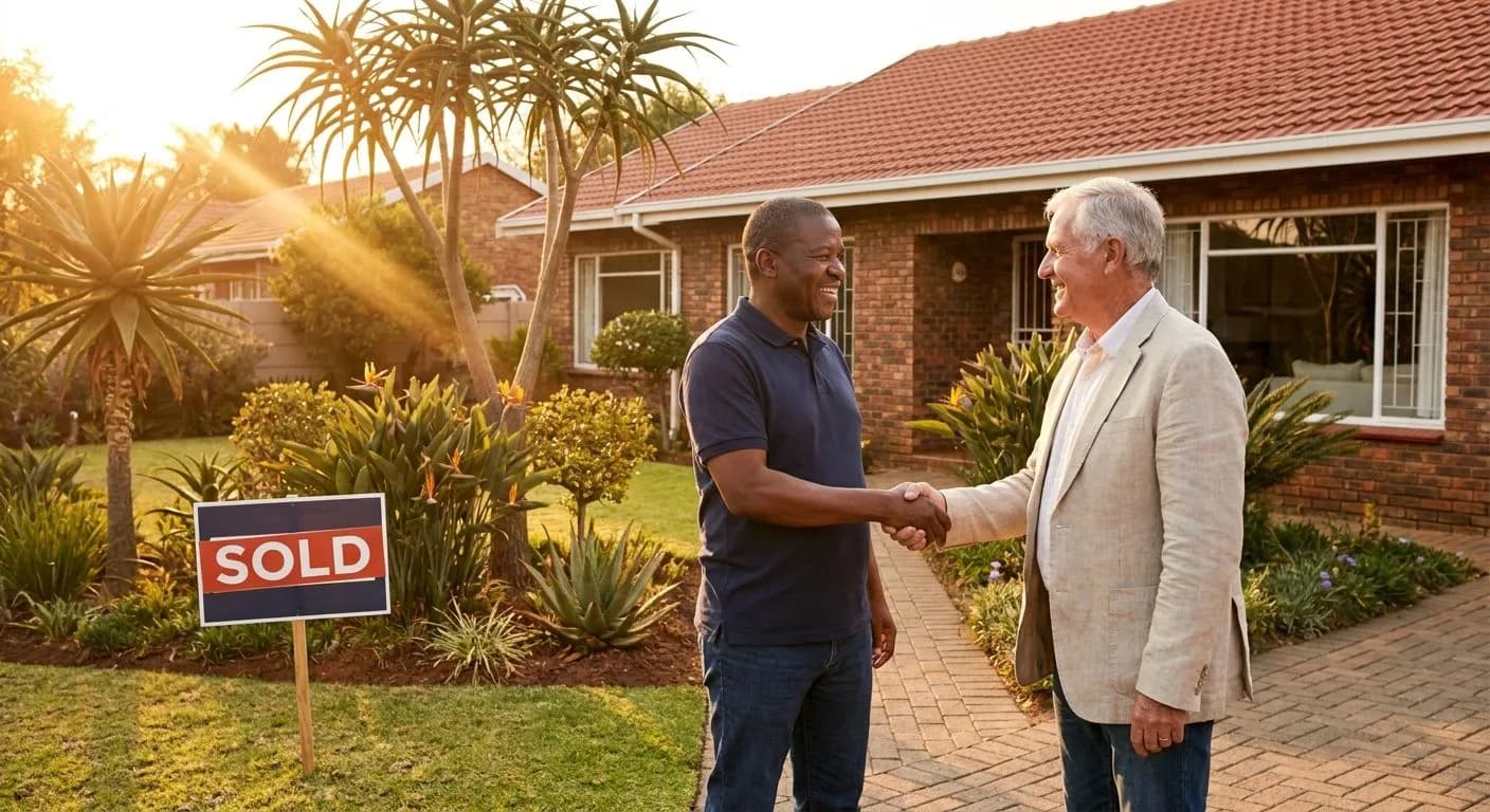 A South African property seller and a cash buyer shaking hands on the front path of a suburban home at golden hour, neat garden with aloes and indigenous shrubs, warm amber light on facebrick facade