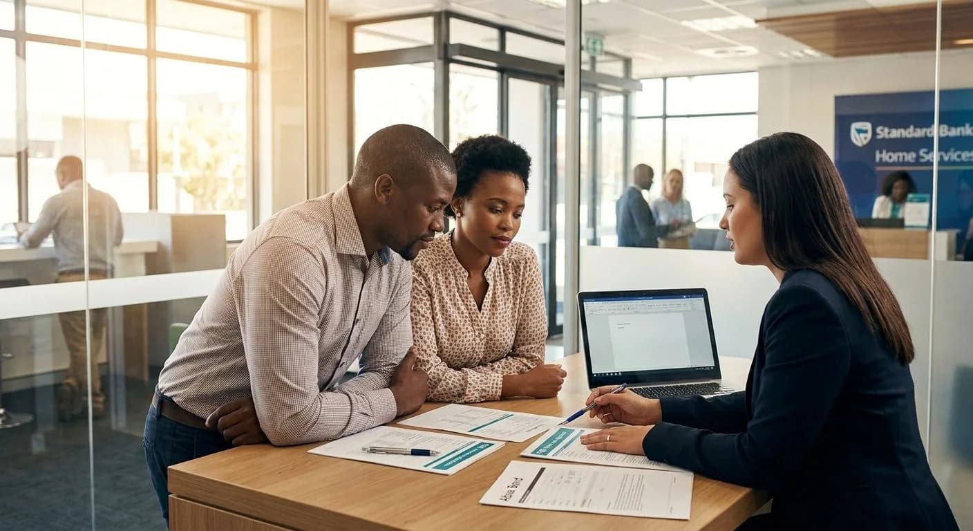 A South African couple consulting with a home loan advisor at a bank, sitting across a desk with bond application documents, modern bright bank interior