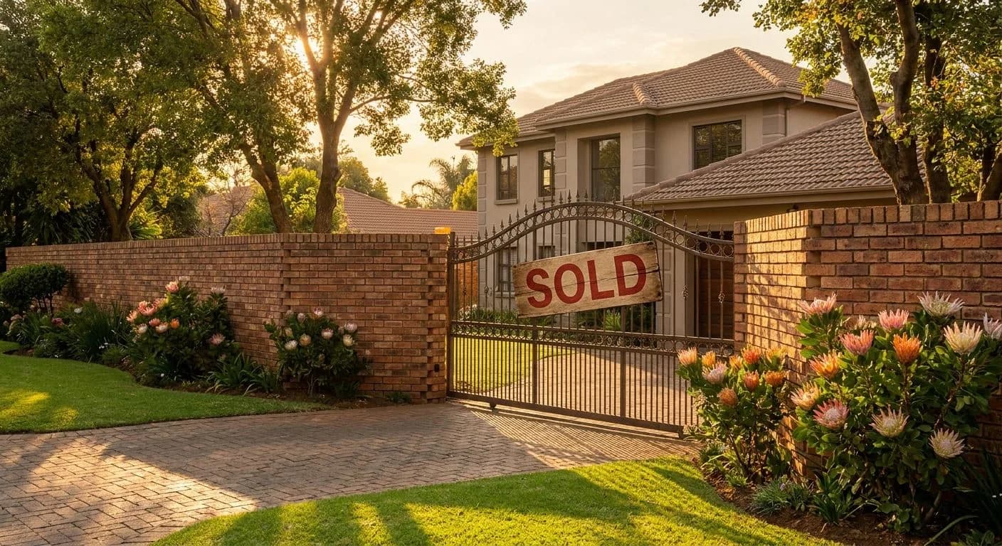 The front gate of a South African suburban home with a SOLD sign at golden hour, manicured garden with proteas, neat facebrick boundary wall, warm amber light