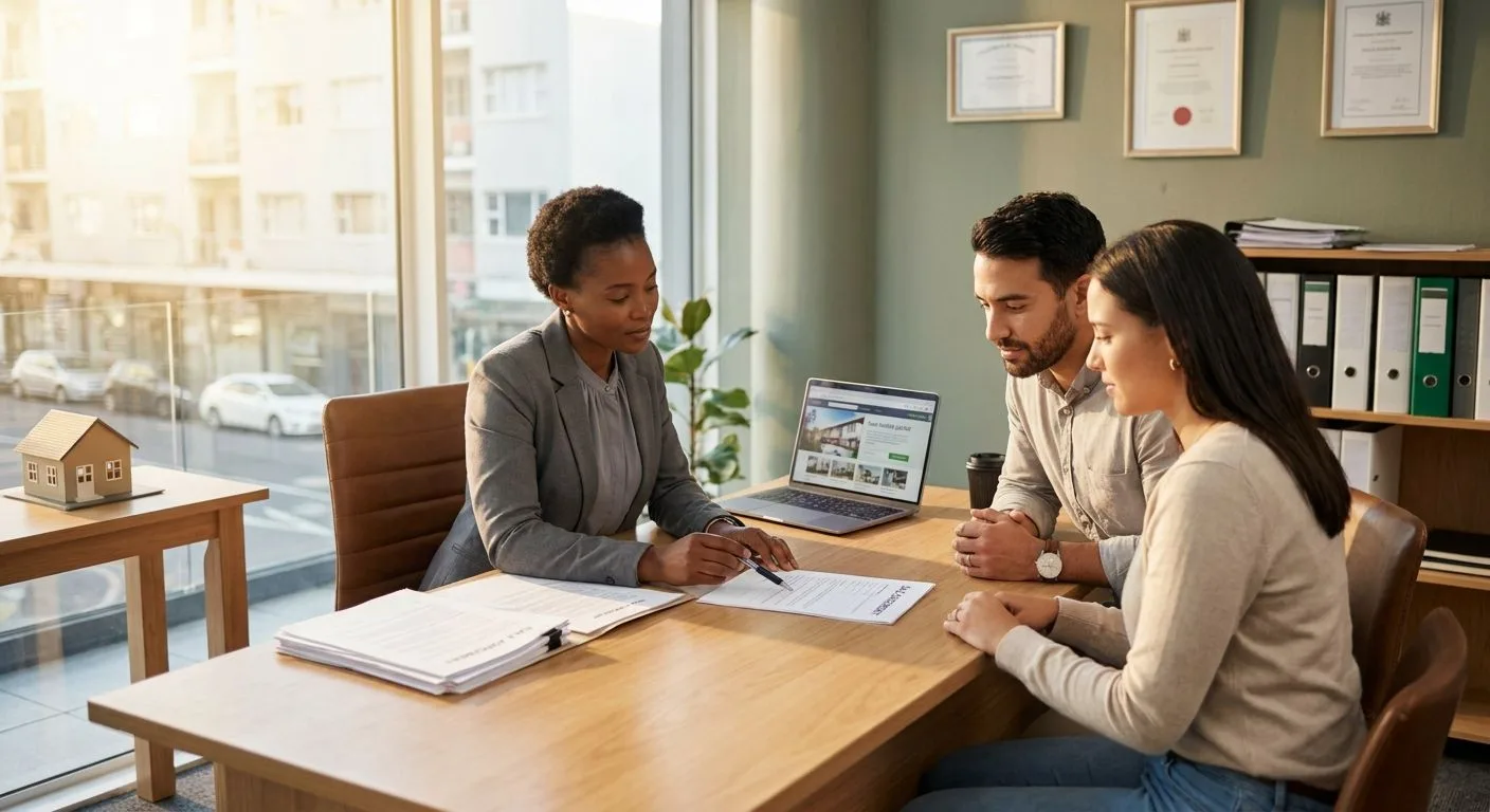 A South African conveyancer explaining contractual deadlines and extension options in a property sale to a buyer couple at a professional desk, warm afternoon light