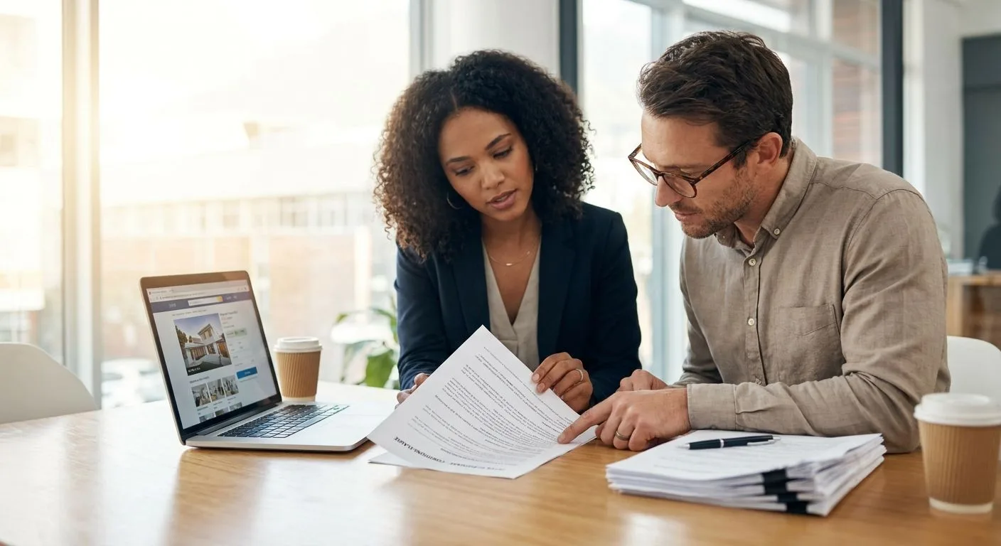 A South African estate agent and buyer carefully reviewing the conditions clause of an offer to purchase at a professional office desk, warm afternoon light