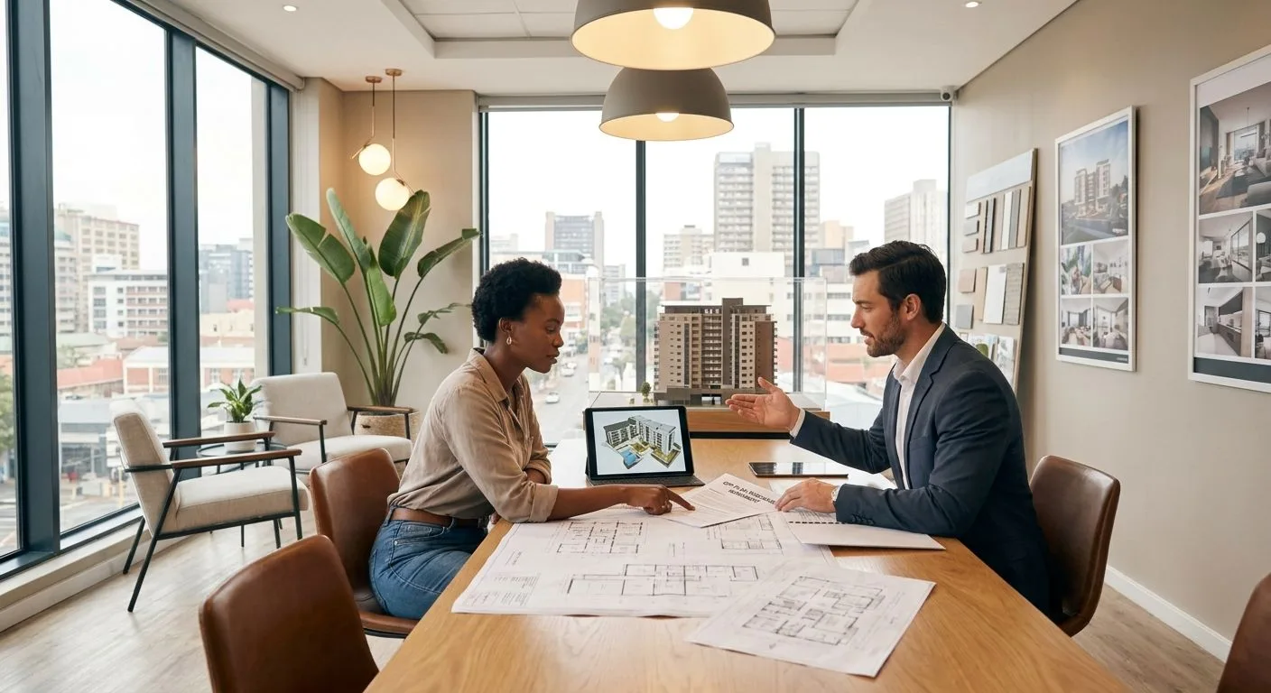 A South African property buyer and a developer representative reviewing an off-plan purchase agreement in a bright modern showroom with architectural plans on the table
