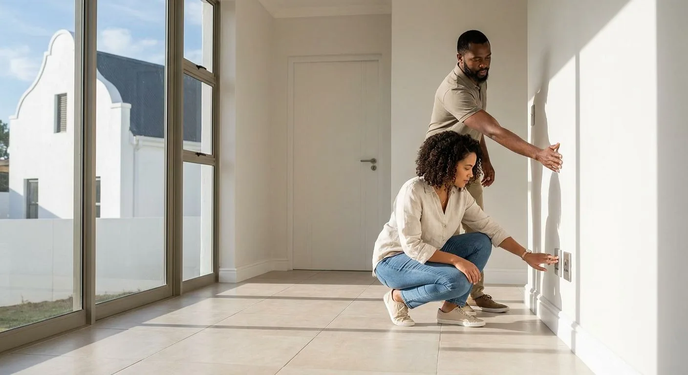 A South African couple inspecting the interior of a newly built home, checking wall finishes and fittings, natural afternoon light through large windows