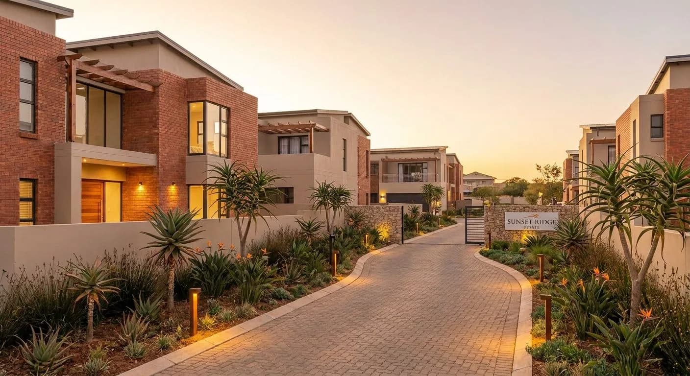 A newly completed South African residential development at golden hour, modern facebrick and plaster homes with landscaped entrance and indigenous plants