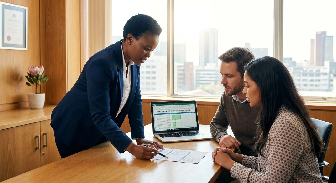 A South African bond originator reviewing a bond pre-approval application with a buyer couple at a professional desk, warm office light