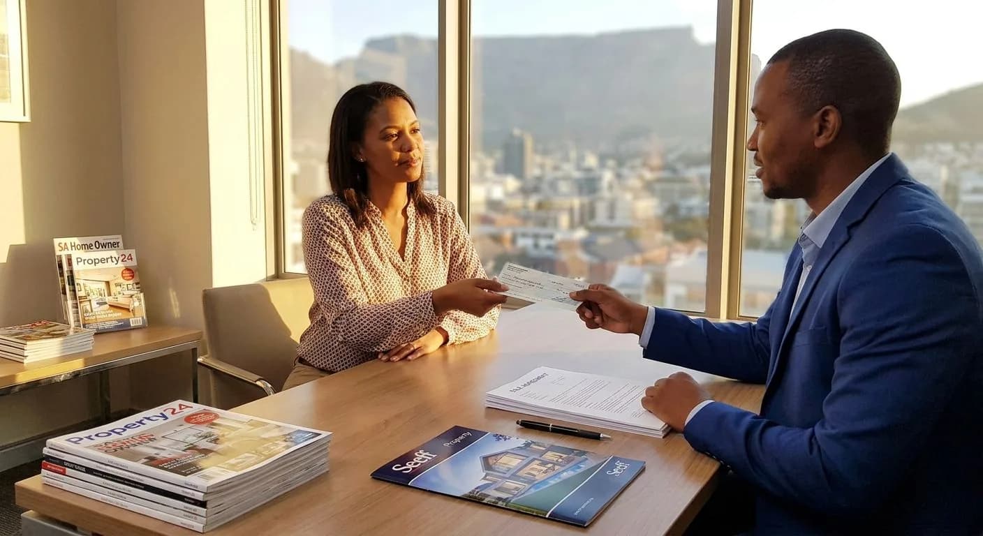 A South African property buyer handing over a deposit cheque to an estate agent at a professional office desk, sale documents on the table, warm afternoon light