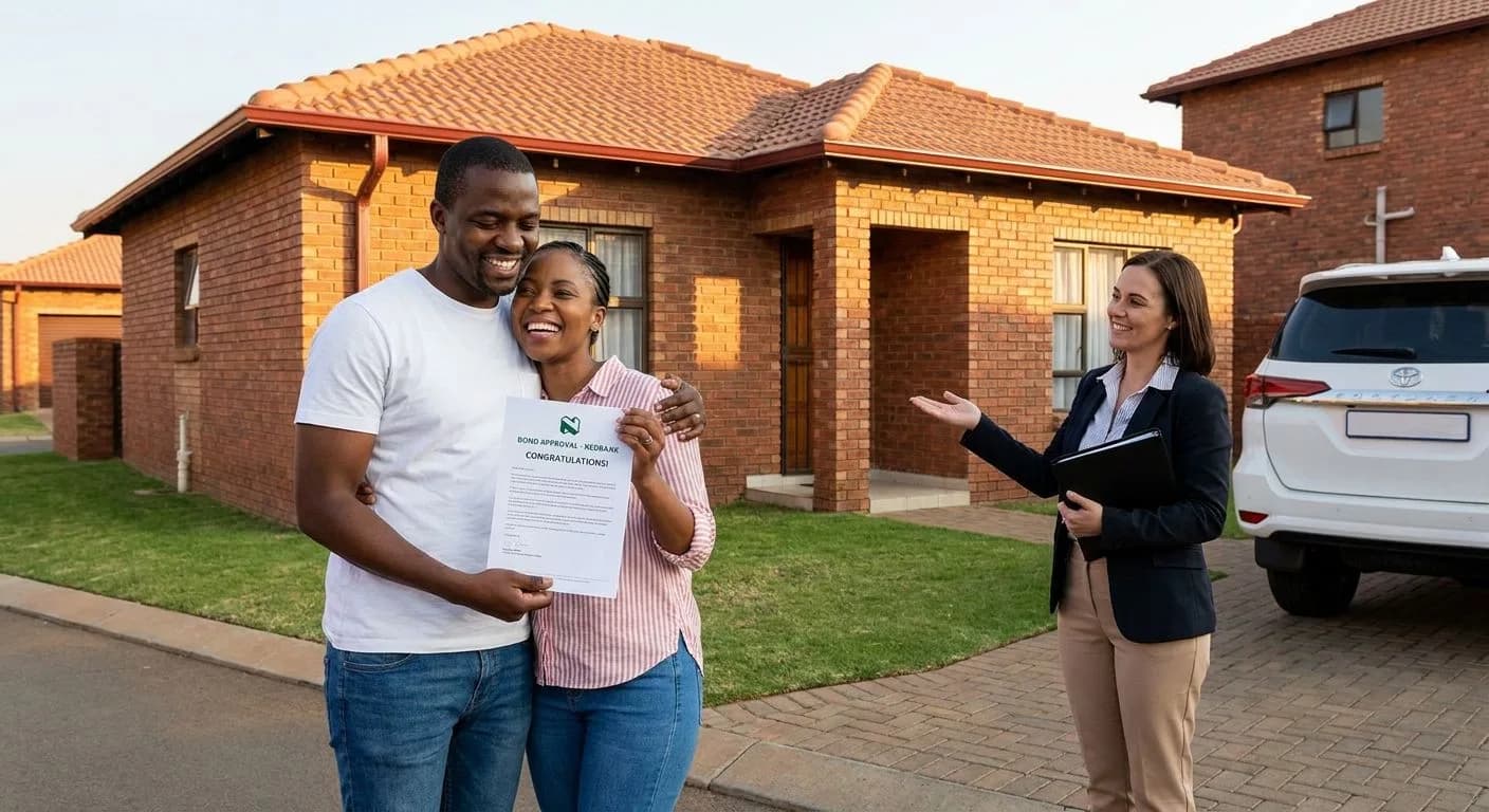 A South African couple celebrating bond approval outside a neat facebrick suburban home with their estate agent, golden afternoon light, smiling and relieved
