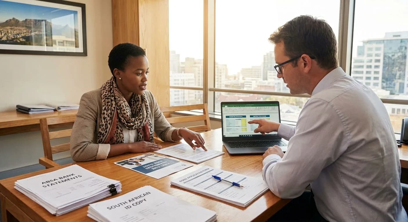 A South African first-time buyer meeting with a bond originator to discuss deposit requirements and bond pre-approval at a professional office desk, warm afternoon light