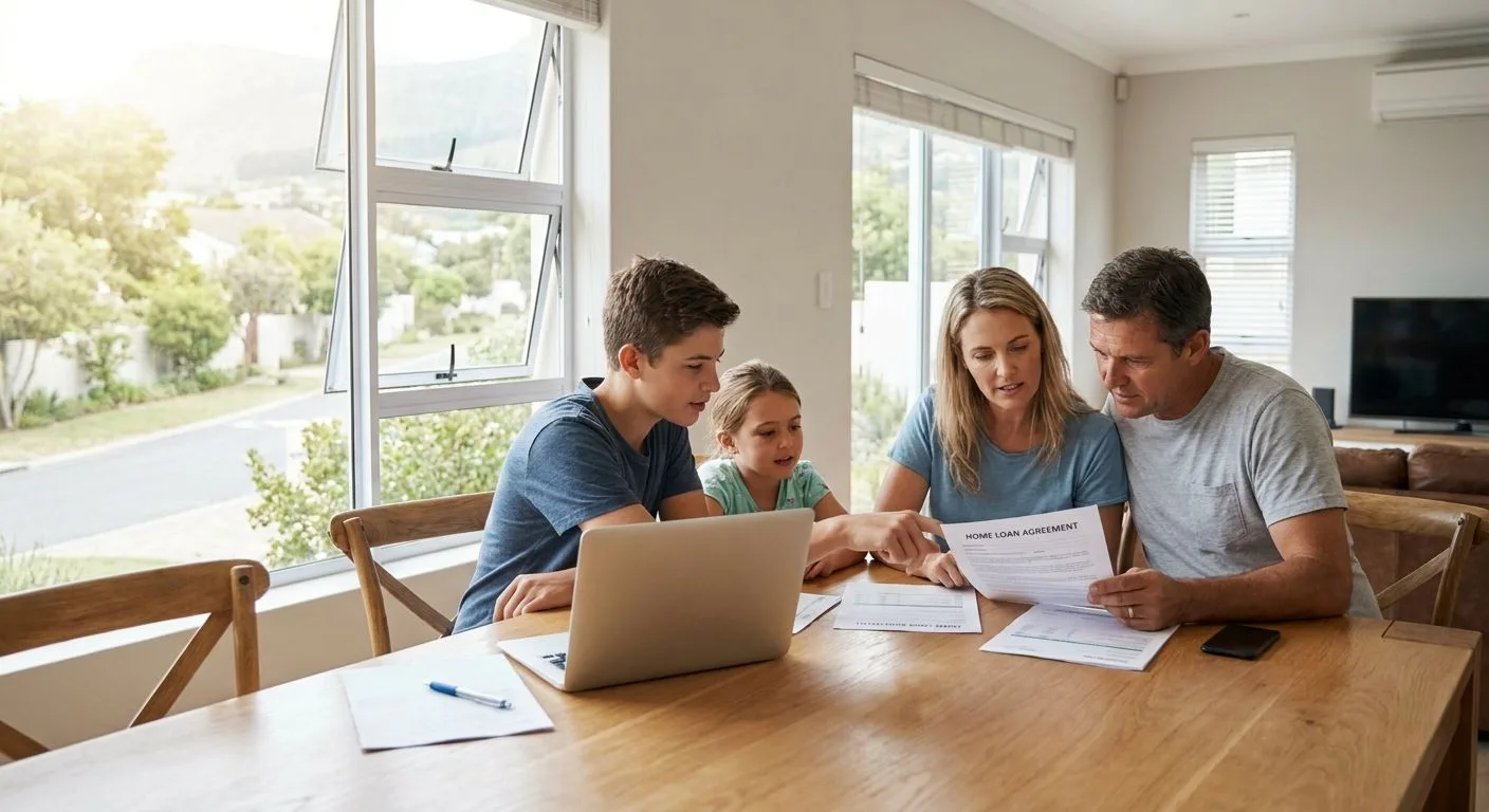 A South African family gathered around a dining table reviewing a home loan document, warm domestic interior with morning light through large windows