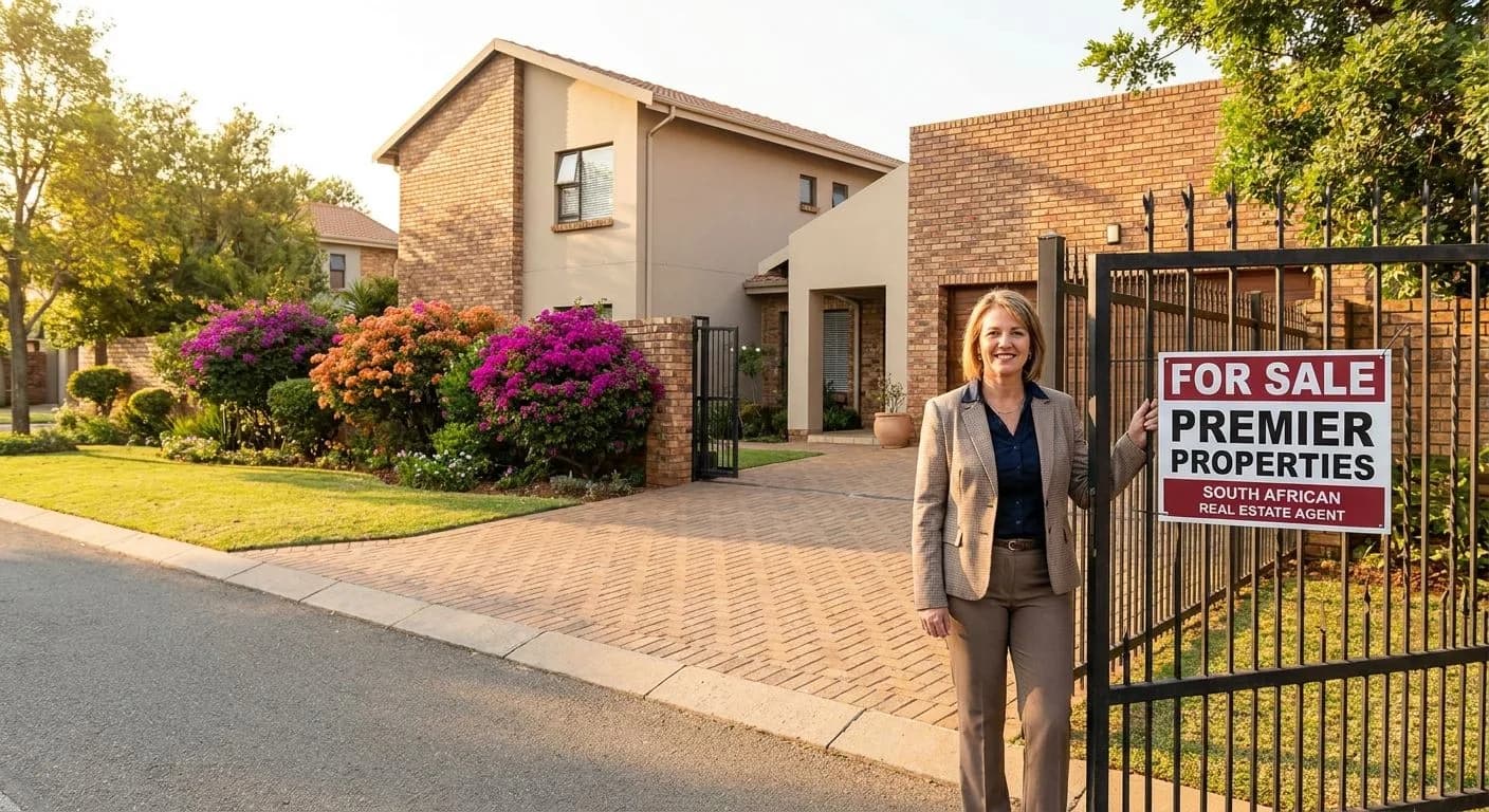 A South African estate agent standing outside a suburban home for sale with a neat garden and bougainvillea, warm afternoon light