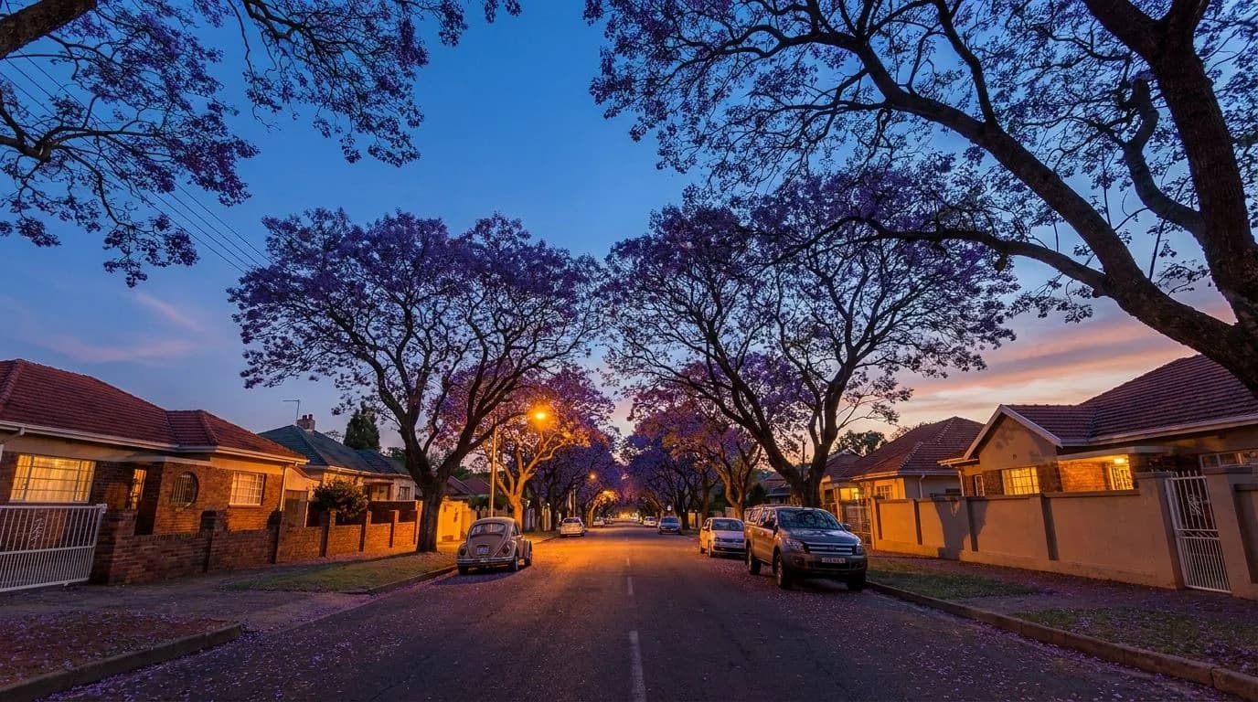 A South African residential neighbourhood at dusk, warm amber glow on well-kept suburban homes with mature jacaranda trees lining the street