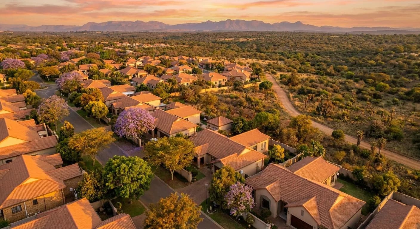 Aerial view of a South African suburban neighbourhood at golden hour, terracotta rooftiles and tree-lined streets with bushveld on the horizon