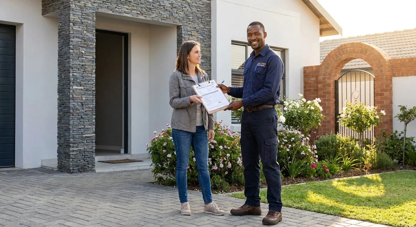 A South African licensed electrician handing a compliance certificate to a homeowner after completing an electrical inspection at a neat suburban home, golden morning light