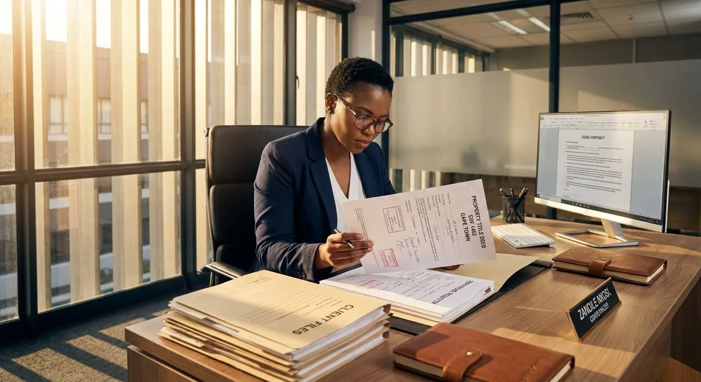 A South African conveyancer reviewing a property title deed and servitude register at a professional desk, neat legal office with organised folders, warm afternoon light