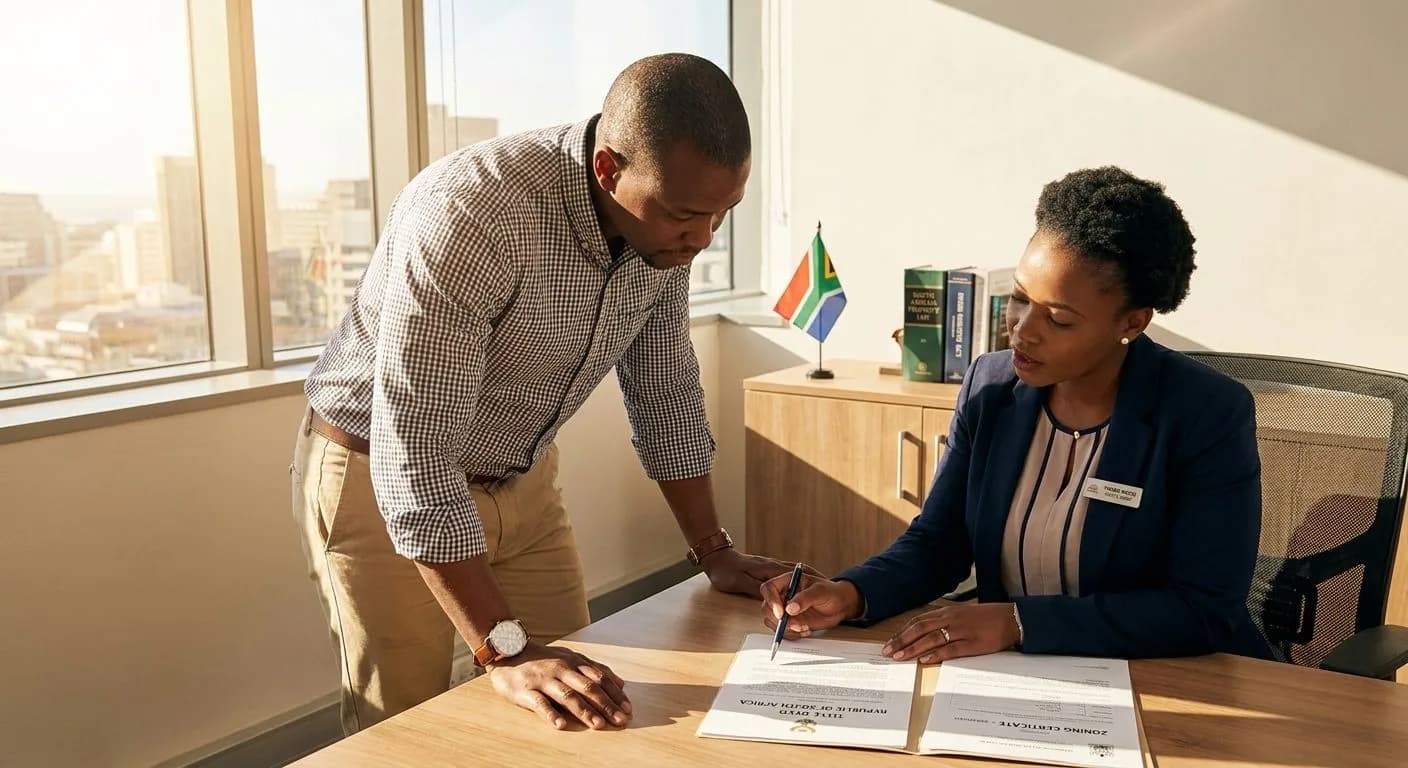 A South African buyer and estate agent reviewing a property's title deed and zoning certificate together at a professional office desk, warm afternoon light