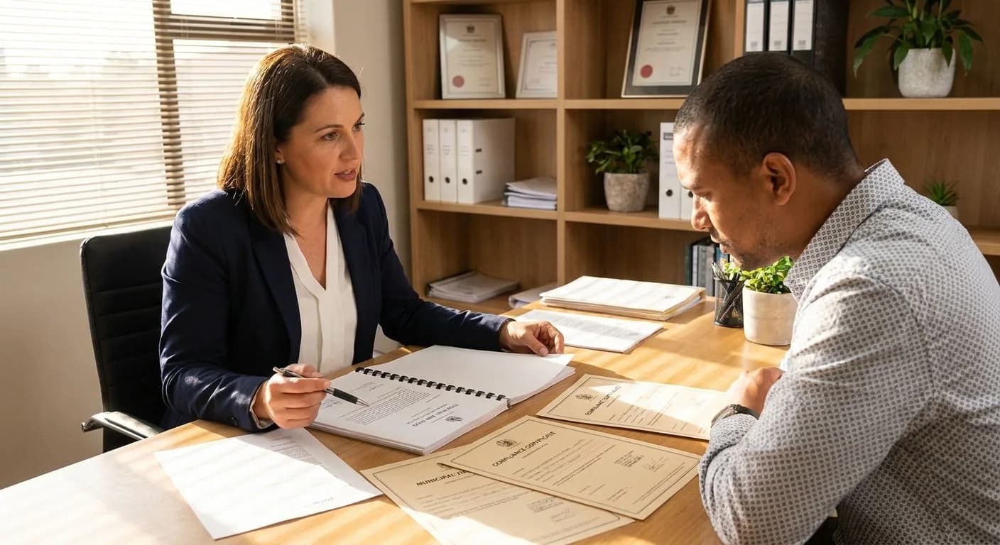 A South African conveyancer reviewing legal compliance requirements with a property buyer at a professional desk, title deed and certificates on the table, warm afternoon light