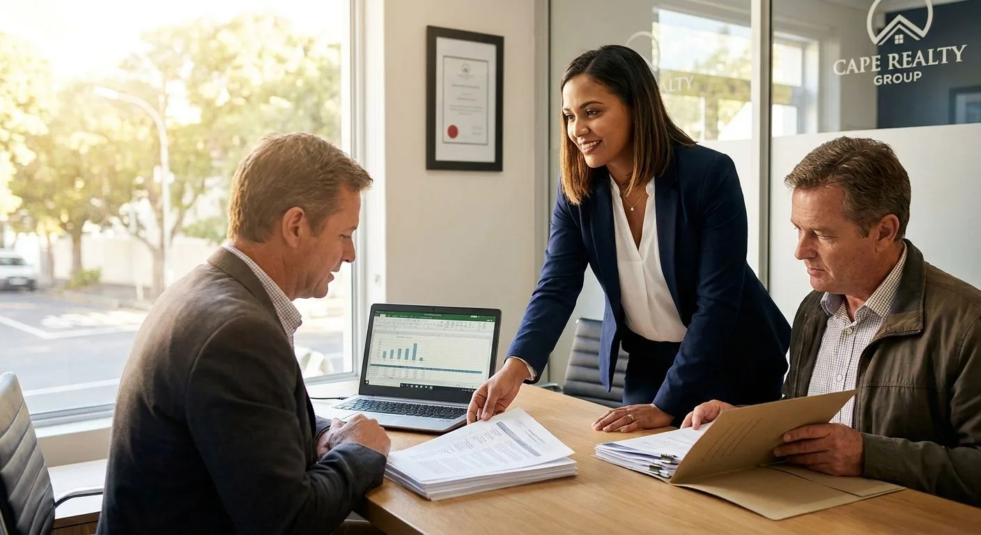 A South African estate agent advising a seller on how to negotiate between multiple property offers at a professional office desk, warm afternoon light