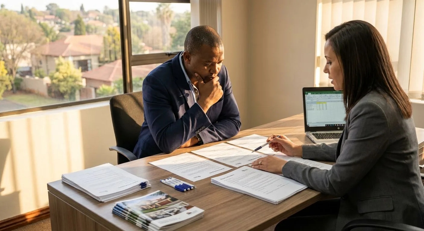 A South African home seller reviewing multiple written offers spread across a professional office desk with their estate agent, comparing documents, warm afternoon light