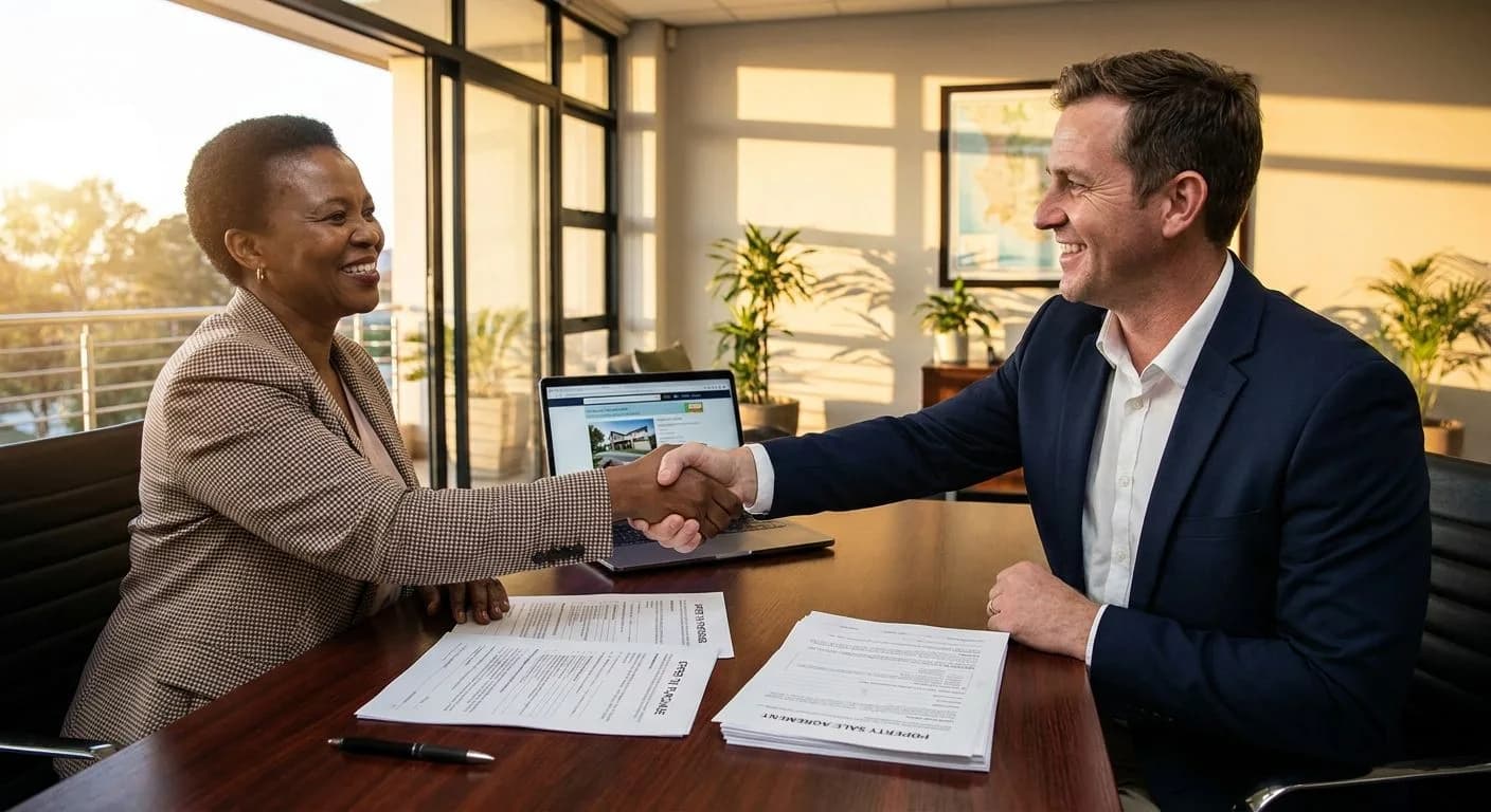 A South African seller and estate agent shaking hands after selecting the strongest offer on their home, professional office setting, warm afternoon light