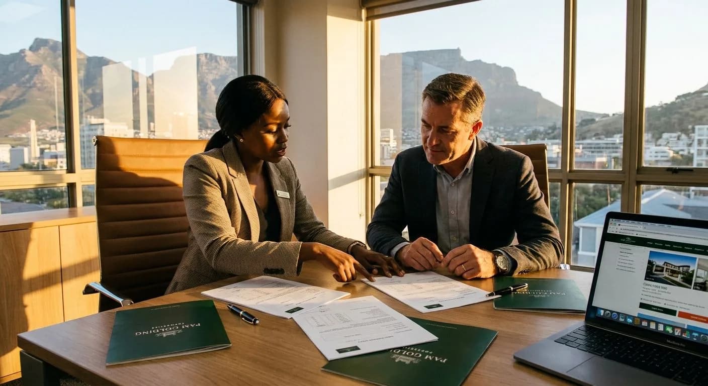 A South African estate agent presenting multiple written offer documents to a seller at a professional office desk, comparing the offers, warm afternoon light