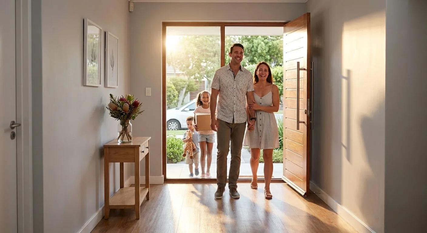 A South African family walking into their new home for the very first time, sunlight streaming through the open front door of a neat suburban home, warm golden morning light