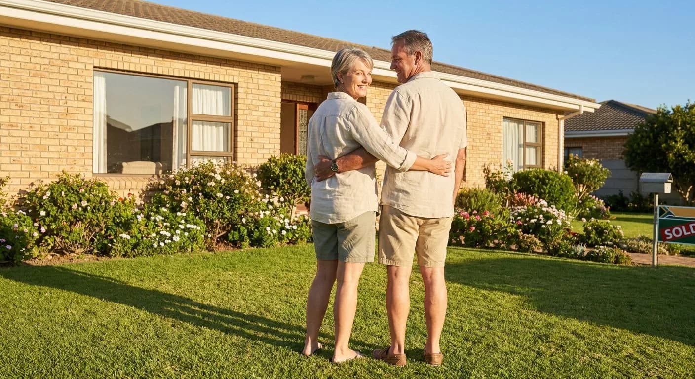 A South African couple standing on the lawn of their new home in early January, looking back at their facebrick house with joy and pride, golden morning light