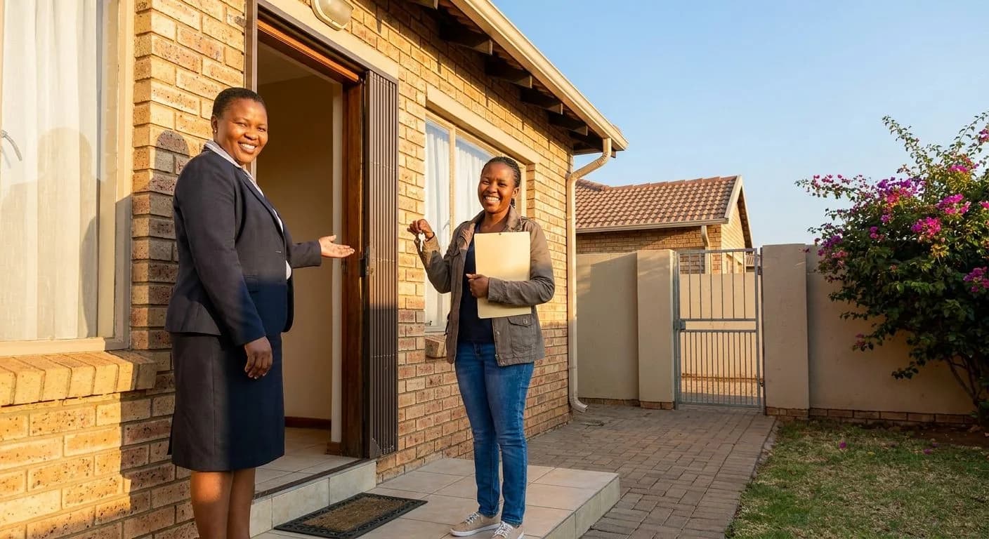 A South African estate agent warmly welcoming a new homeowner at the front door of their neat facebrick suburban home, golden morning light, celebratory and warm moment