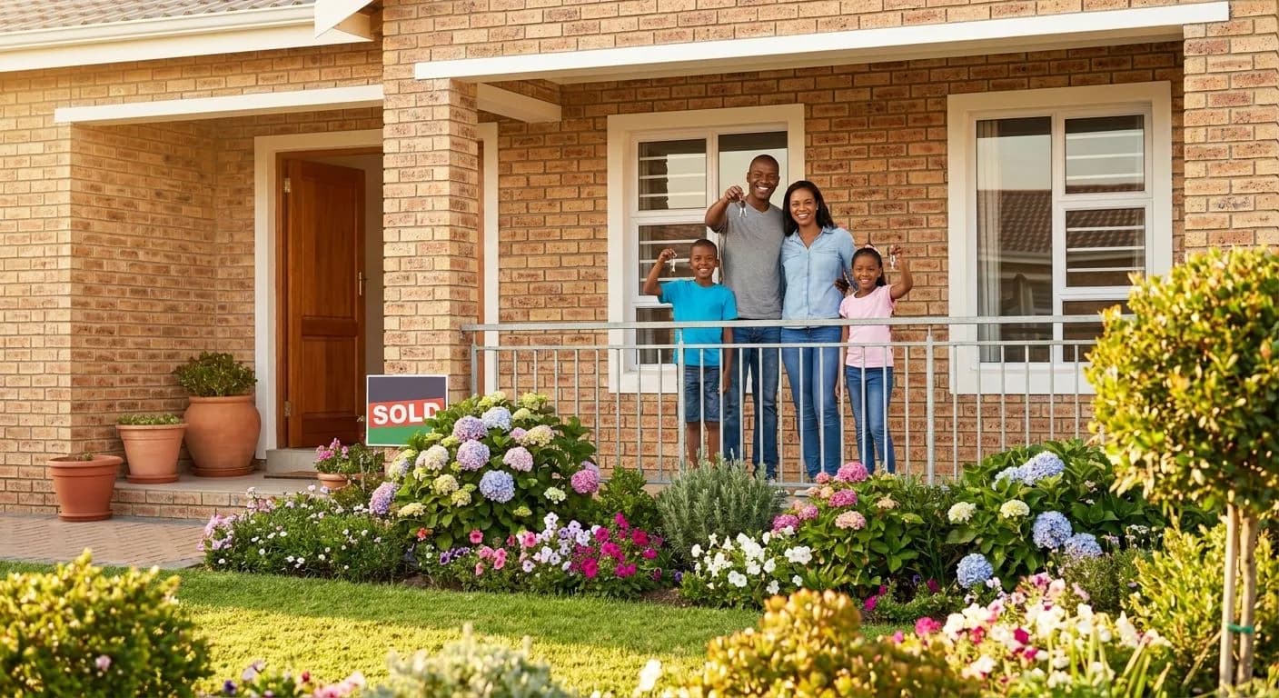 A South African family standing on the stoep of their new home holding the front door keys, neat facebrick suburban exterior with a garden, golden morning light