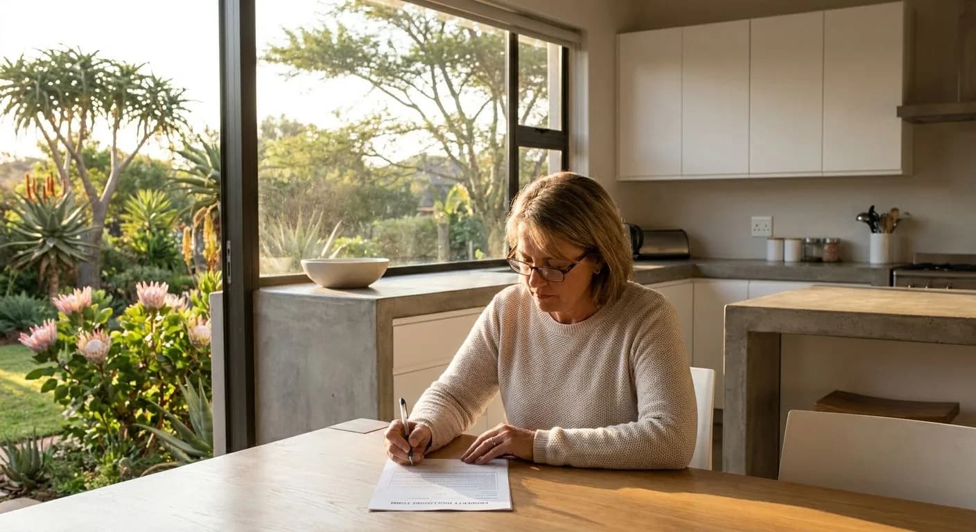 A South African home seller sitting at a kitchen table carefully completing a property disclosure form, pen in hand, warm morning light through large windows, modern residential interior with an indigenous garden visible outside