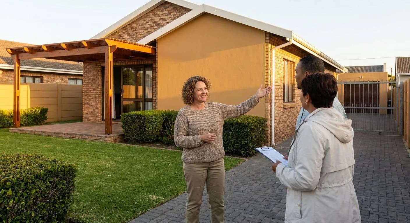 A South African homeowner showing a feature of their property to interested buyers during an inspection at golden hour, neat suburban home exterior with facebrick facade and manicured garden