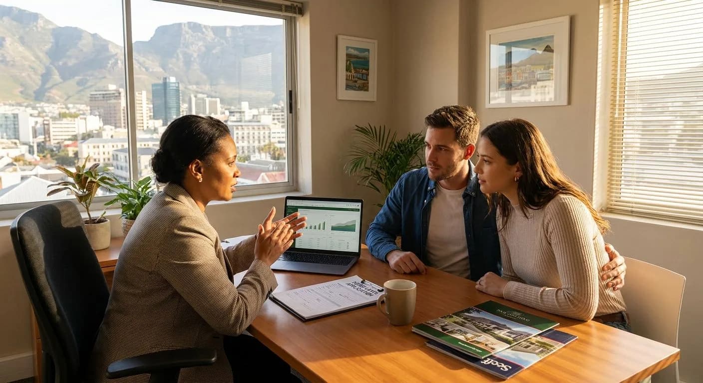 A South African estate agent explaining what bond finance means to a buyer couple at a professional office desk, warm afternoon light