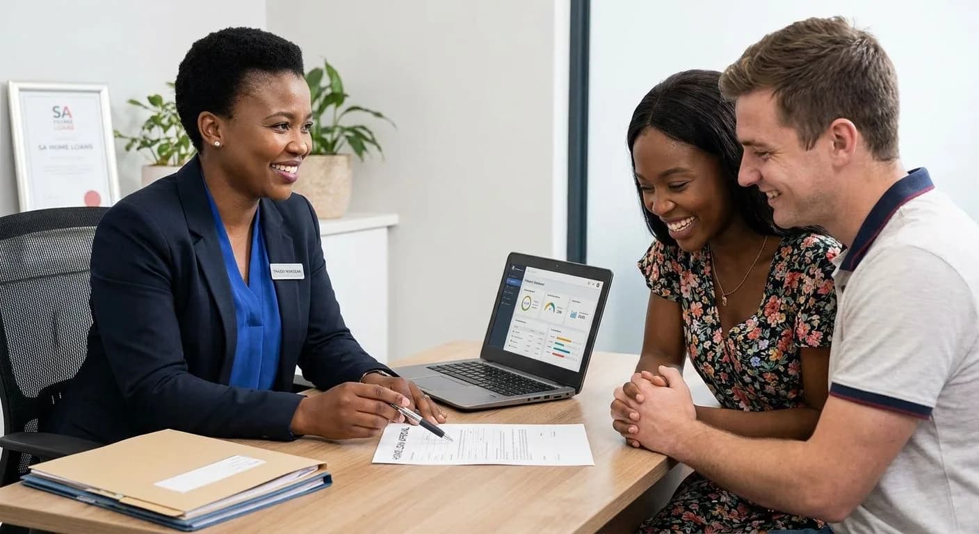 A South African bond originator presenting a bond approval letter to an excited home buyer couple at a professional desk, warm office lighting