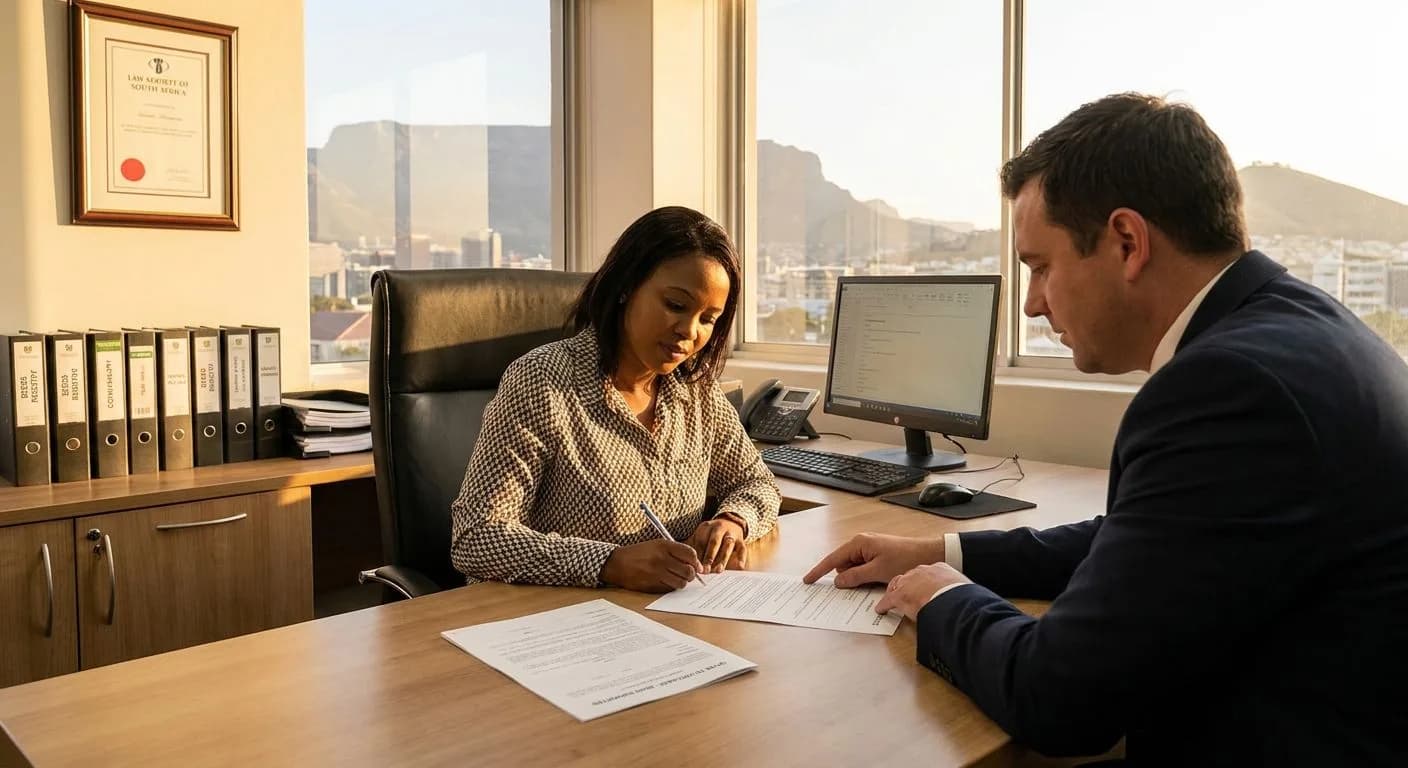 A South African buyer signing a bond-backed offer to purchase at a conveyancer's professional office desk, neat legal environment, warm afternoon light